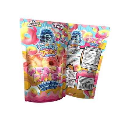 Freezy Treats Peachy Ring Freeze Dried Candy Packet Front And Back - Vapestore Direct