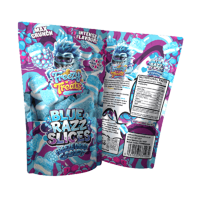 Freezy Treats Blue Razz Slices Freeze Dried Candy Packet Front And Back - Vapestore Direct